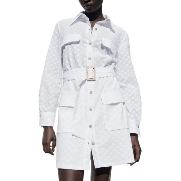 ZARA | White | BELTED EMBROIDERED MINI DRESS - Picture 7 of 14